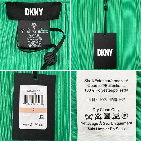 DKNY Satin Pleated Dress Ruched Sleeve Crew Neck Tie-Waist A-Line Pullover Style - Picture 16 of 16